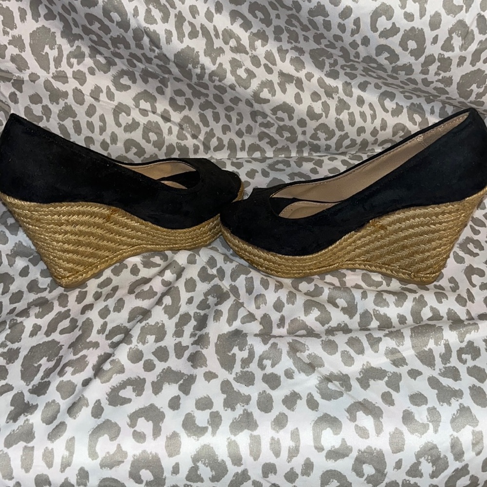 Worn faux suede black wedge open toe size 7
